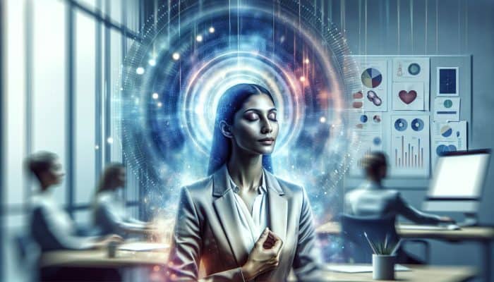 A serene woman practicing mindfulness in a professional setting, surrounded by calming light and colours.