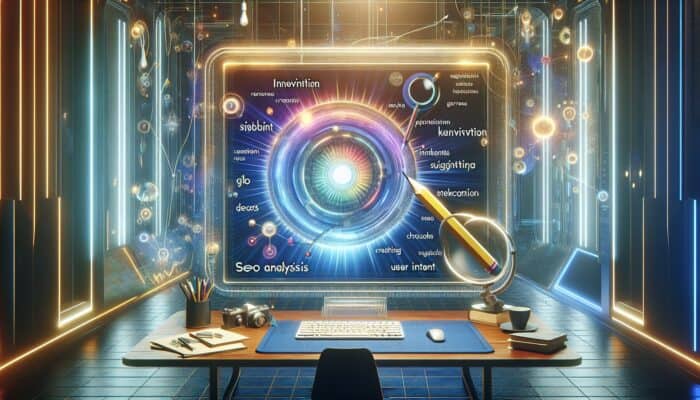 A futuristic workspace with a glowing screen showing SEO analytics and keyword suggestions, surrounded by digital graphs and user intent data.