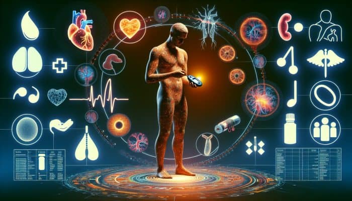 A diabetic individual using a glucose meter, with medical symbols for heart, kidney, and eye health.