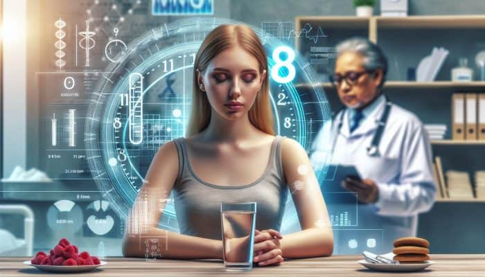 Individual fasting for a diabetes test, with water, a clock indicating eight hours, and a doctor in the background.