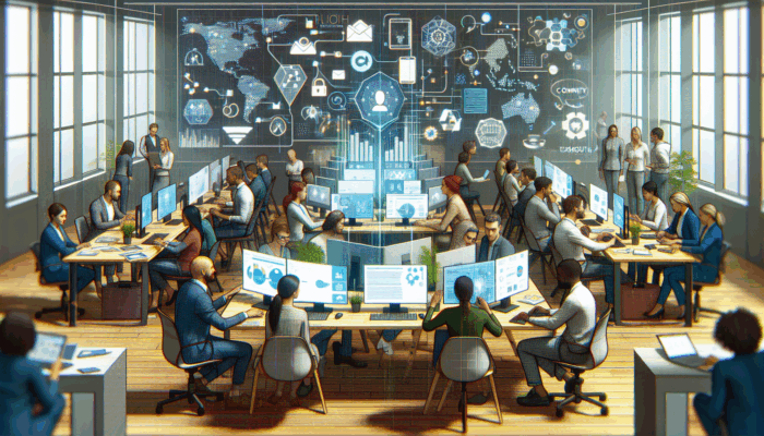 A digital workspace in Exmouth where small business owners engage with social media experts, surrounded by screens showing analytics and creative content.