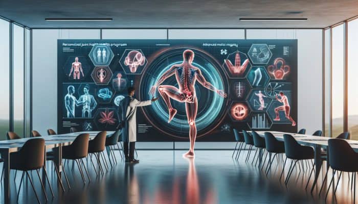 Person receiving personalized joint health program from healthcare professional in modern clinic.