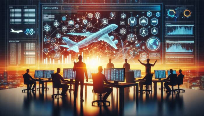 Graphs and data analytics on a travel booking VA, showing flight inquiries, with developers refining algorithms.