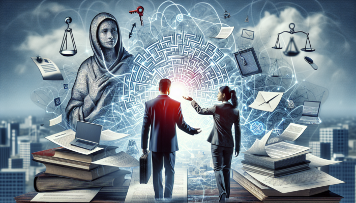 A person navigating a legal maze with a conveyancer's guidance in Nelspruit, under a clear sky.