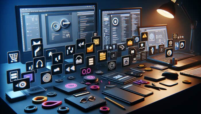 A graphic designer's workspace with multiple screens showing software integration, file management, updates, and customer support.