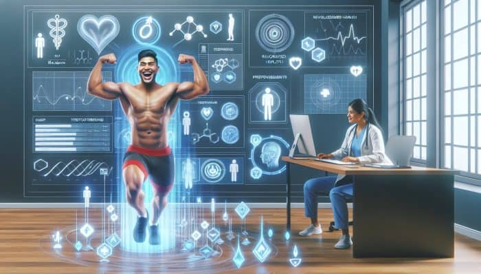 In a contemporary Blackburn clinic, a smiling patient flexes their muscles as a doctor reviews testosterone test results on a screen, displaying research charts.