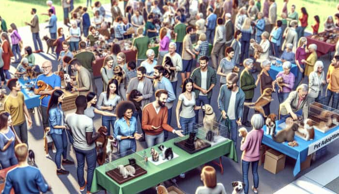 A lively pet adoption fair featuring families, pets, and volunteers offering expert advice.