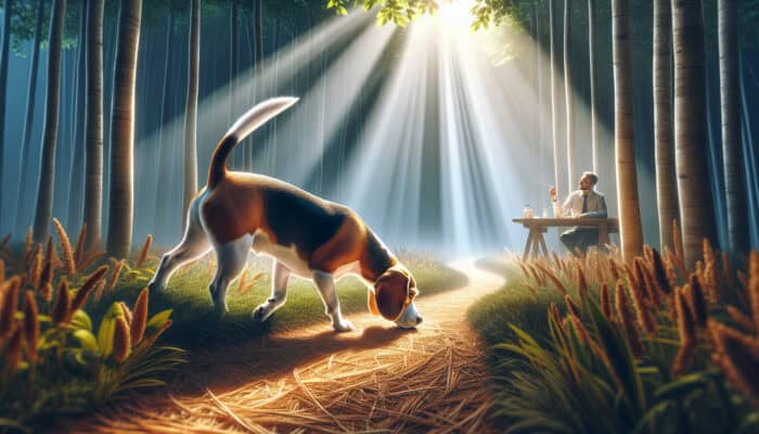 Beagle Scent Tracking Games: Eager beagle sniffs ground, following scent trail in sun-dappled forest, ears perked, tail wagging, owner watching nearby.