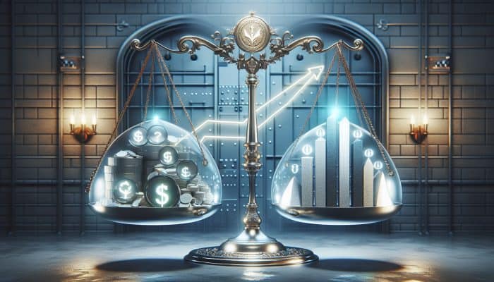 A scale balancing fees, success graph, glowing reviews, and FCA badge on a financial security backdrop.