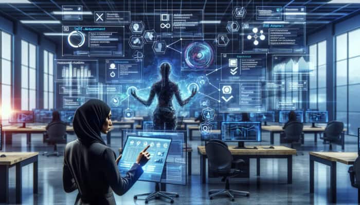 Virtual assistant analyzes skill progress graphs on screens, holds self-assessment tablet, and views client feedback in high-tech office.