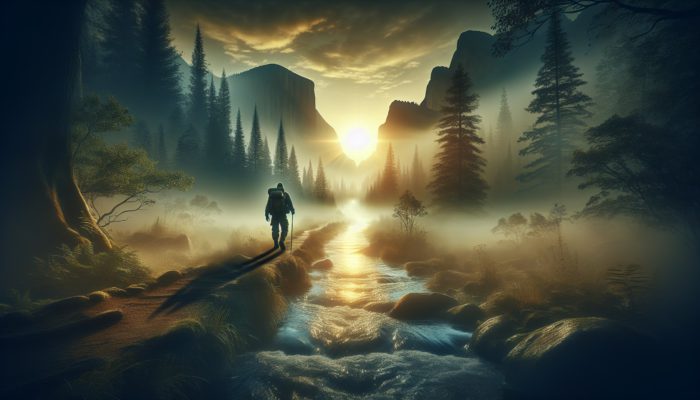 Navigating Without a Map: A determined hiker navigates a misty forest trail at dawn, using the rising sun's rays, with a winding river and jagged mountains in the background.