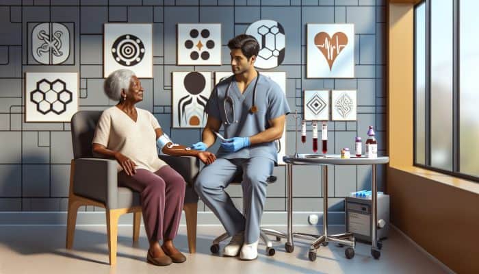 Cholesterol Blood Test in Oldham: A nurse in scrubs explains cholesterol test preparations to a relaxed patient in a modern clinic, with sterile equipment and posters visible.