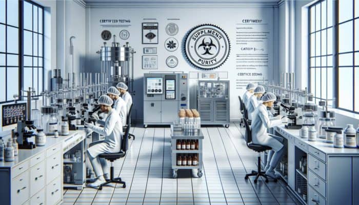 How to Test Supplement Purity: Scientists in white coats examine supplement ingredients under microscopes in a sterile lab, surrounded by processing machines, storage units, and certified bottles.