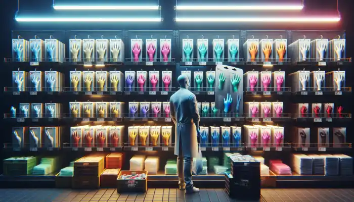 A shopper in a busy Rayleigh market examines disposable gloves, comparing latex, nitrile, and vinyl options displayed on a shelf.