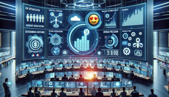 Analysts in a high-tech control room reviewing holographic KPI displays showing a 40% increase in patient satisfaction and a 25% improvement in financial accuracy, with dynamic charts and sector icons.