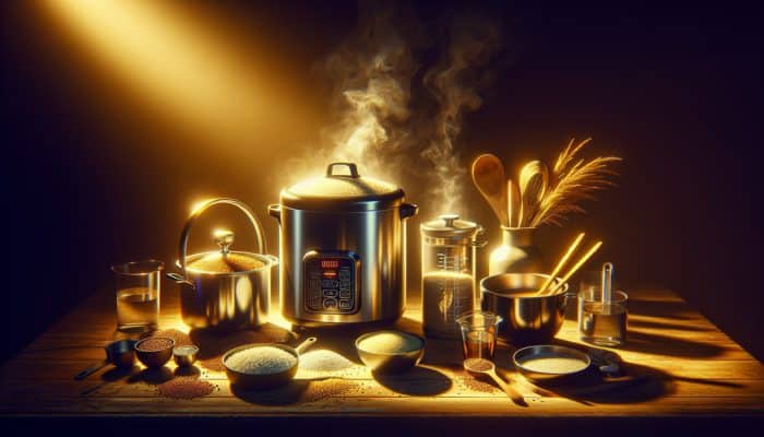 A kitchen scene with a steaming electric rice cooker, stainless steel pot, rice-filled measuring cups, wooden spoon, and water under golden light.