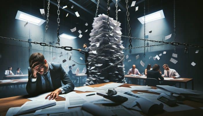 Stressed person overwhelmed by bills and broken chains consults advisor in dim office; hopeful group learns in bright class for debt recovery.