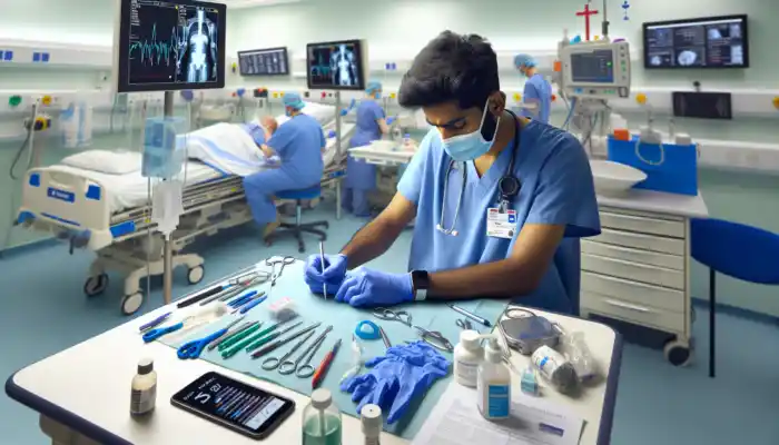 A healthcare worker in a busy UK hospital ward wearing blue nitrile gloves while examining a patient, surrounded by sterile tools and masks for infection prevention.