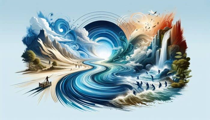 A majestic river depicts a montage timeline: serene blue waves for an opening, turbulent rapids for emotional stories, and a radiant waterfall for a call to action under a dramatic sky.