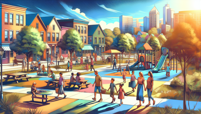 A lively suburban neighbourhood with children playing in playgrounds, families strolling along tree-lined streets, and neighbours chatting in sunny parks.