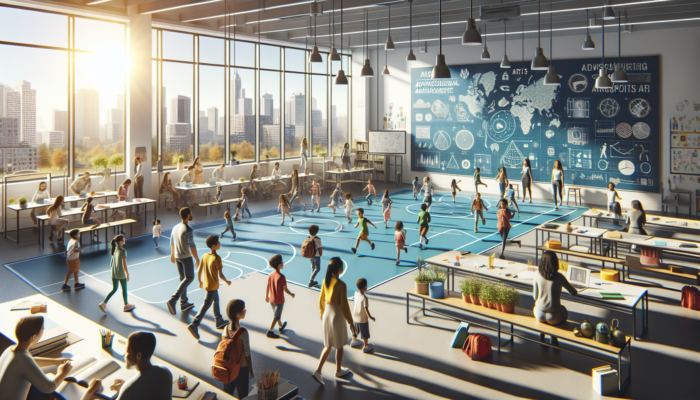 Diverse families in Mid-Level PE exploring modern schools with advanced classrooms, as children participate in sports and arts under sunny skies.