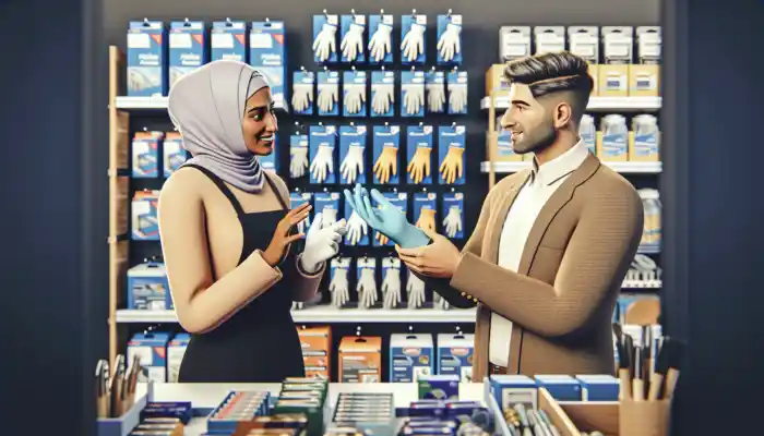 A consultant in a Peterborough store advises a customer on rubber gloves, showing custom fittings and material options among safety gear shelves.
