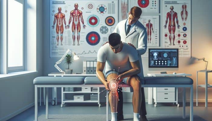 Patient receiving acupuncture for knee pain in UK clinic, showing improved mobility and recovery.
