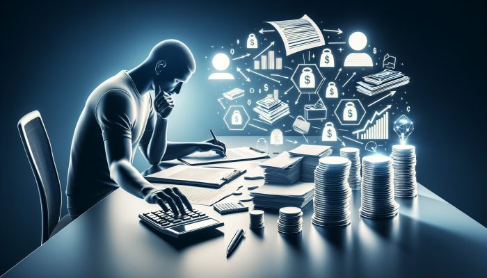 Focused individual at a desk with financial forms, calculators, debt reduction graphs, and a flowchart to a lockbox symbolizing financial freedom.