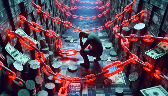 Stressed individual entangled in glowing red chains of oversized banknotes and coins in a shadowy urban maze, symbolising debt rejection and financial despair.
