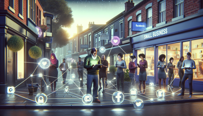 Small business owner in Portishead manages social media campaigns on a tablet, surrounded by community members engaging with Facebook and Instagram ads and analytics.