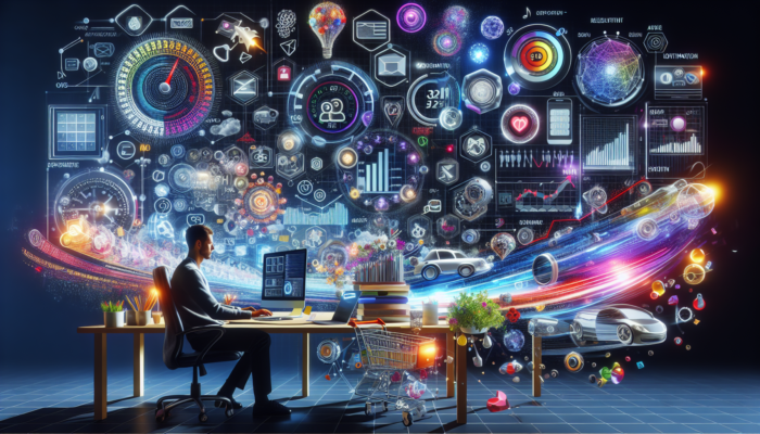 Digital workspace with developer auditing e-commerce site, surrounded by floating keywords, speedometers, mobile devices, shopping carts, and glowing data graphs.