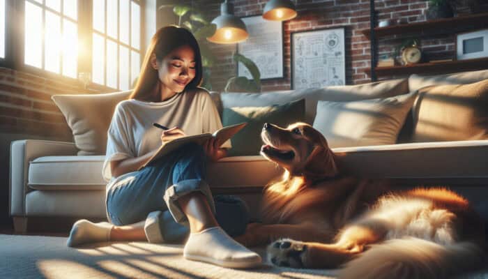 A woman journals on a plush sofa in a sunny living room, her dog resting at her feet, sharing an affectionate gaze.