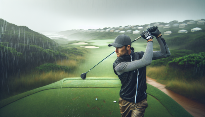 A determined golfer swings a club in waterproof gear and FootJoy gloves on a rainy Durban coastal course.