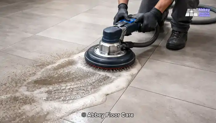 Technician using a rotary machine to deep clean porcelain tiles and lift residue.