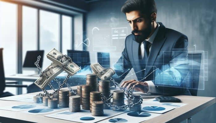 A financial expert in a modern office analyzes charts of small and large debts, with breaking chains on coins symbolizing consolidation options.