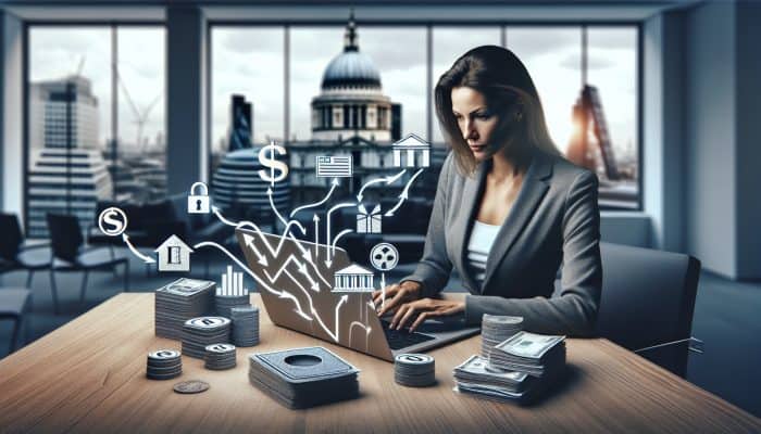 Debt Consolidation Loan Stacking Techniques: Expert Guide | DCL Determined borrower in modern London office reviews credit reports on laptop, surrounded by financial charts, documents, and symbolic paths to outcomes.