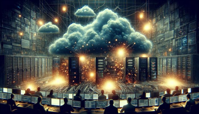 A chaotic bridge merges old servers and modern clouds, with sparking wires indicating errors, as engineers assess and train in a dimly lit control room.