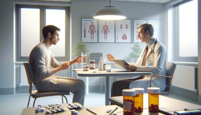 In a modern UK NHS clinic, a patient discusses ferritin blood test preparation with a doctor, holding a glass of water amid pill bottles and medical charts.