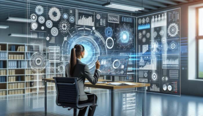 A professional virtual assistant in a modern office analyses CRM data on a high-tech screen during a video call, surrounded by digital charts showing streamlined workflows and business growth.