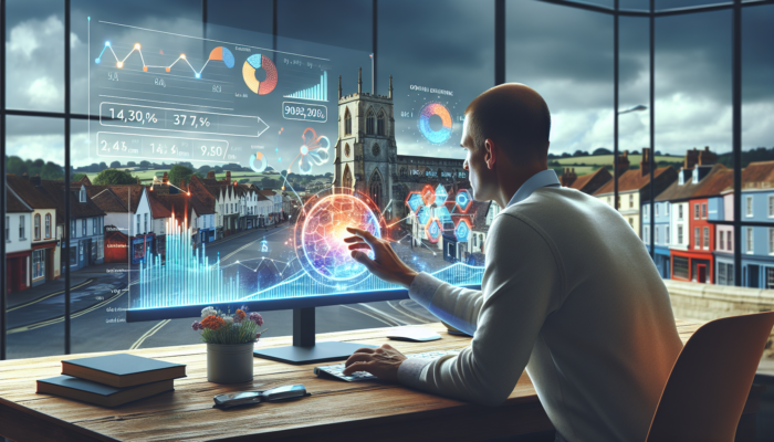 A focused entrepreneur in a modern Sherborne office reviews vibrant website analytics graphs, showing page views, bounce rates, and conversion metrics for business growth.
