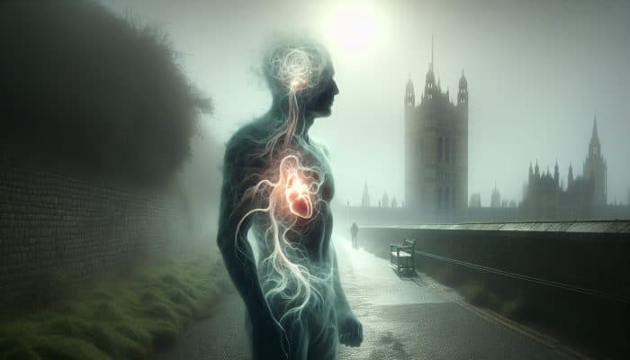 Illustration of a person in a foggy UK landscape with a glowing, malfunctioning thyroid gland entangled in swirling anxiety shadows, symbolising untreated hypothyroidism's mental health effects.