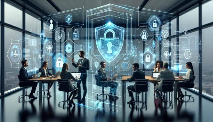 A team of professionals in a modern office assesses data security using holographic screens with encrypted files and digital shields.