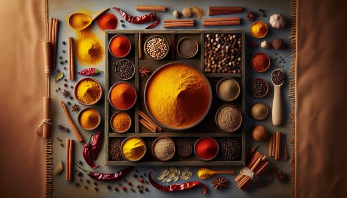 Still life of essential Vindaloo spices: golden turmeric, red chillies, cumin seeds, coriander, black peppercorns, and cinnamon on a rustic tray.