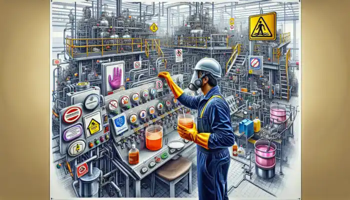 A worker in a busy British factory wears nitrile gloves while handling acids and solvents, surrounded by machinery and safety signs.