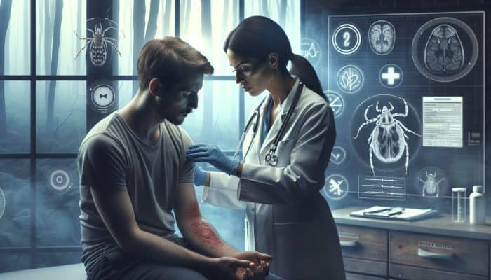 A UK doctor examines a patient's rash and fatigue in a dimly lit clinic, surrounded by test results, ticks, and a foggy woodland backdrop.