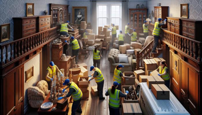 Professionals in high-visibility vests sorting antiques and furniture in a cluttered Victorian living room, packing boxes into a van under grey skies.
