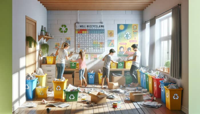 A family sorts newspapers and boxes into colourful recycling bins, checking a calendar for collection day amid sunlight and eco posters.