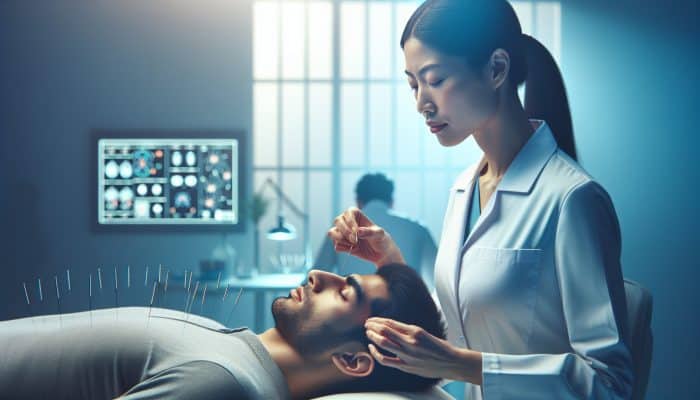 Acupuncture in Neurology Studies: In a modern London clinic, an acupuncturist inserts fine needles into a patient's neurological points for migraine relief under soft lighting.