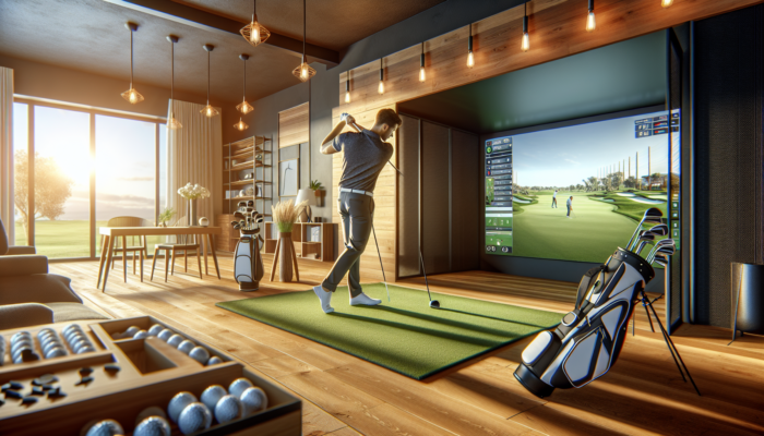 A focused golfer practices on a sophisticated indoor simulator in a modern South African home, surrounded by reliable equipment under warm lighting.