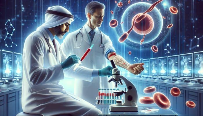 A medical illustration of a technician drawing blood for a ferritin test, with a microscope showing ferritin proteins in red blood cells in a high-tech lab.